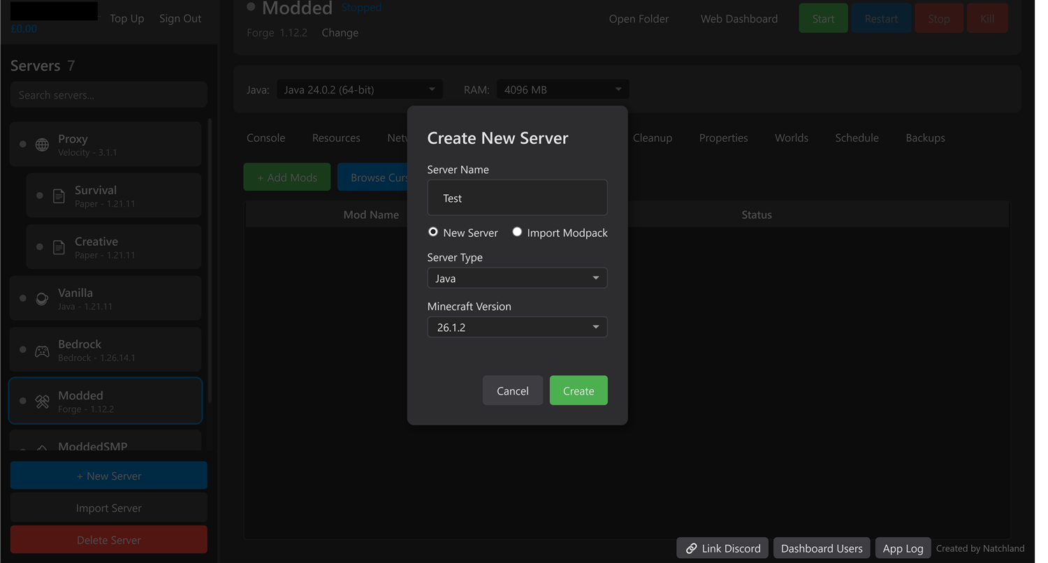 Create Server dialog with categorised server types — Java, Bedrock, modded, and proxy