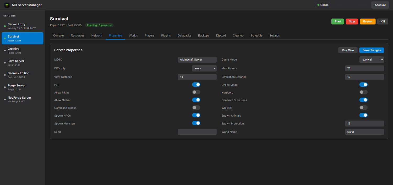 MC Server Manager remote web dashboard
