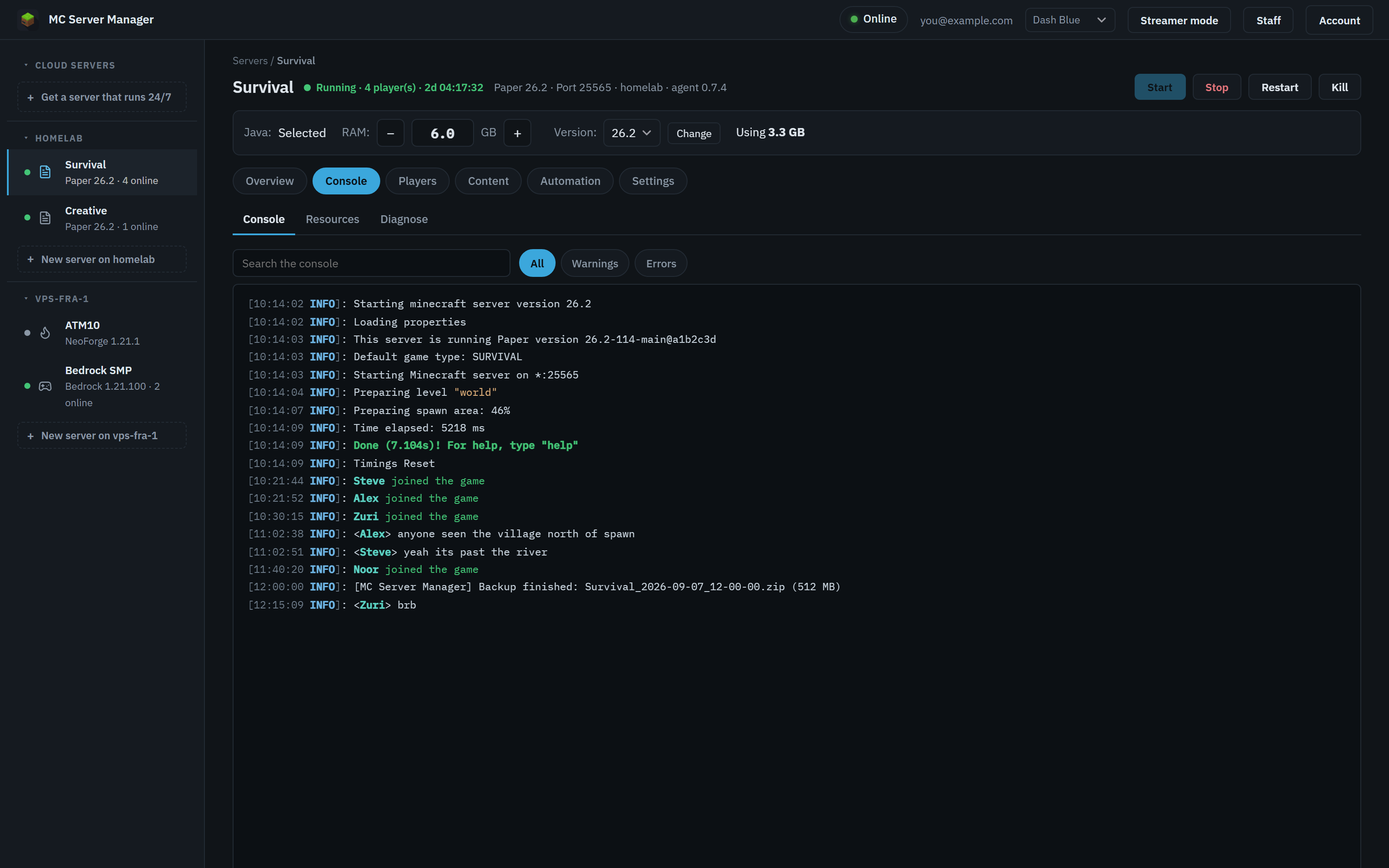 Live console for a Paper server running on a Linux machine